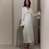 French Ruffled V neck Bell Sleeve Single Breasted Elegant Slim Dress for